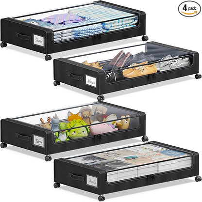 YAASHEEN Under Bed Storage with Wheels, 4-Pack Under the Bed Storage Containers with Clear Lids & Label, Underbed Storage Bins, XXL 60L Rolling Metal Drawer for Clothes, Shoes, Toys, Books - Black