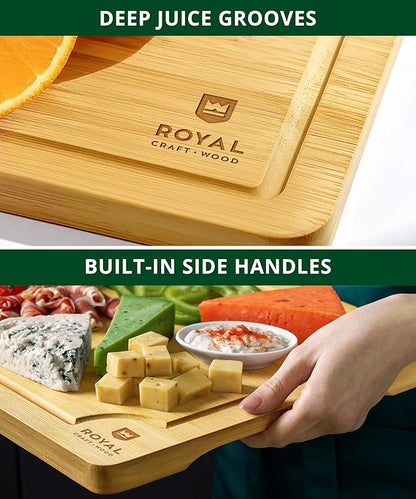 ROYAL CRAFT WOOD Wooden Cutting Boards for Kitchen Meal Prep & Serving - Bamboo Wood Serving Board Set with Deep Juice Groove Side Handles - Charcuterie & Chopping Butcher Block for Meat