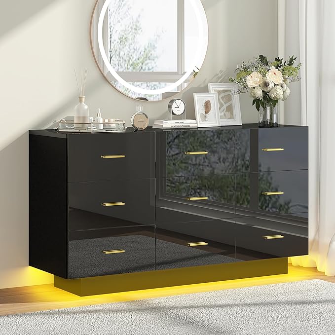 9 Drawer Dresser for Bedroom, 55'' W Highly Reflective Modern Chest of Drawers with LED Light, Wooden Dresser Organizer Cabinet for Living Room, Entryway (Black)