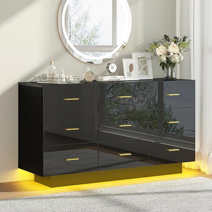 9 Drawer Dresser for Bedroom, 55'' W Highly Reflective Modern Chest of Drawers with LED Light, Wooden Dresser Organizer Cabinet for Living Room, Entryway (Black)