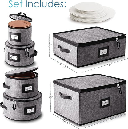 Hearth & Harbor Fine China Storage Containers, 6 Piece Dish Storage Containers, Stackable Plate Storage, Coffee Mug Storage and Wine Glass Storage Box with Dividers, Quilted Dish Organizers, Grey