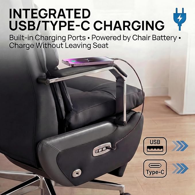 Dual Motor Executive Home Reclining Office Chair with Footrest - One-Click Electric Recline with Massage & Pillow Support Big and Tall PU Leather Ergonomic Desk Chair, High Back Wide Seat (Black)