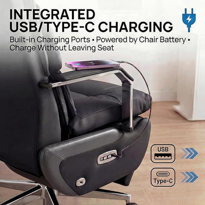 Dual Motor Executive Home Reclining Office Chair with Footrest - One-Click Electric Recline with Massage & Pillow Support Big and Tall PU Leather Ergonomic Desk Chair, High Back Wide Seat (Black)