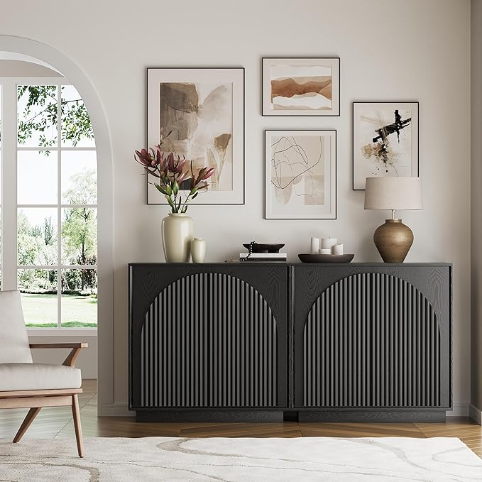 win2win Fluted Sideboard Buffet Cabinet with Storage, 31.5" Modern Accent Cabinet with Double-Layered Arch Doors, Small Wood Console Credenza for Living Room, Dining Room, Entryway, Black, 2PCS