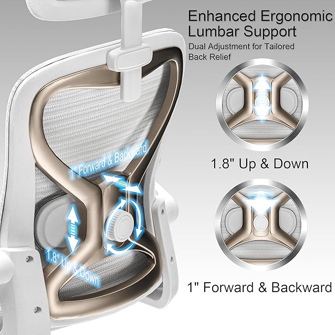 Ergonomic Office Chair for Back & Neck Pain Relief, Virgin Foam Seat, 2D Adjustable Lumbar & 3D Headrest, Tilt & Rock for Relaxation, Ideal for Long Sitting Comfort, White/Gold