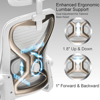 Ergonomic Office Chair for Back & Neck Pain Relief, Virgin Foam Seat, 2D Adjustable Lumbar & 3D Headrest, Tilt & Rock for Relaxation, Ideal for Long Sitting Comfort, White/Gold
