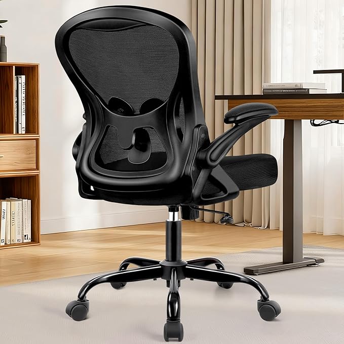 Office Chair, Ergonomic Mesh Desk Chair with Adjustable Lumbar Support & Flip-Up Armrest, Mid Back Computer Chair, Swivel Task Rolling Chair for Home and Office (Black)