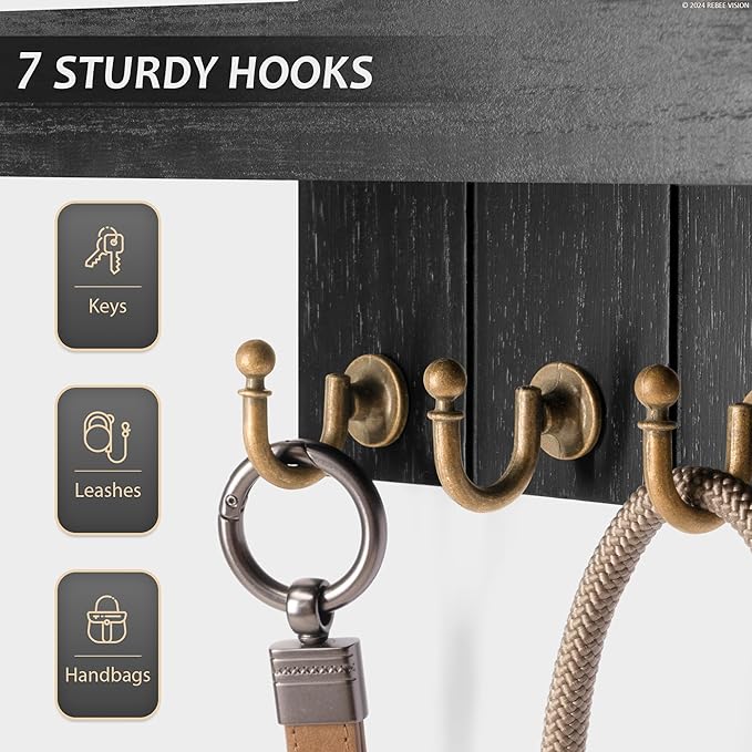 Rebee Vision Decorative Key and Mail Holder for Wall - Farmhouse 15 Inches Floating Shelf with 7 Sturdy Key Hooks for Home Entryway Wall Decor - Rustic Key Racks (Black,15-inch)
