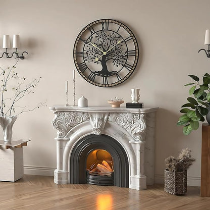 Micasso Non-Ticking Oversize Wall Clock: 35Inch Tree of Life Metal with Solid Wood Frame - Silent Battery Operated Clock for Bedroom/Fireplace/High-Ceiling - Home Decor for Interior Designers