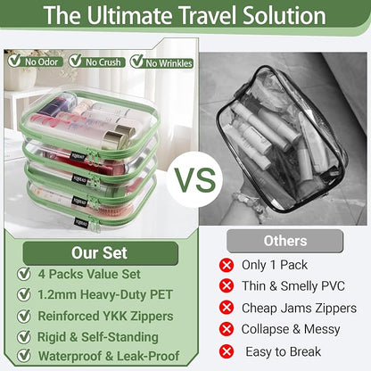 YQBRAO 4-Pack Clear Diaper Bag Organizer Pouches, 1.2mm Ultra-Thick PET Travel Pouches for Toiletries & Makeup, Rigid Self-Standing Bags with YKK Zippers, TSA Approved (Green)