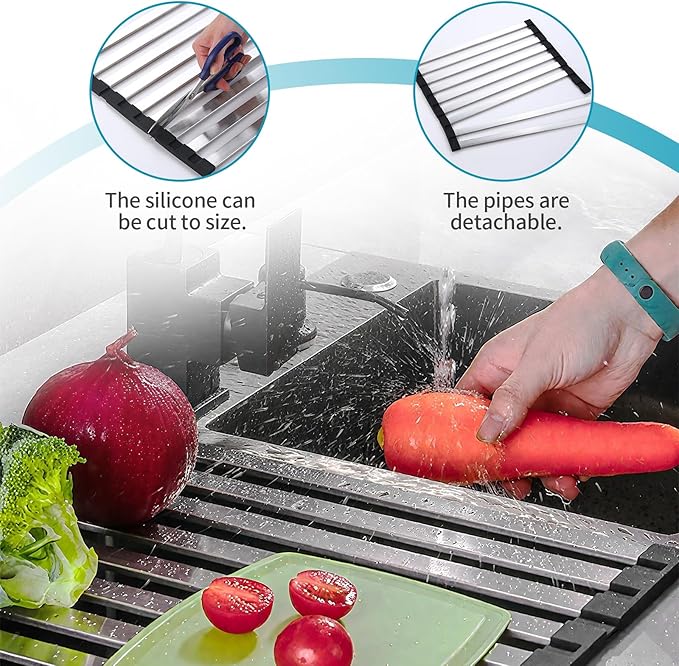 17.7" x 12.8" Roll-Up Dish Drying Rack Over Sink - Kitchen Sink Cover and Organizer Gadget with Foldable Stainless Steel Drainer and Sink Mat, Silver Dish Rack - Small