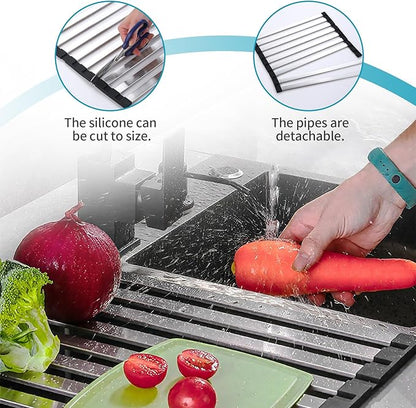 17.7" x 12.8" Roll-Up Dish Drying Rack Over Sink - Kitchen Sink Cover and Organizer Gadget with Foldable Stainless Steel Drainer and Sink Mat, Silver Dish Rack - Small