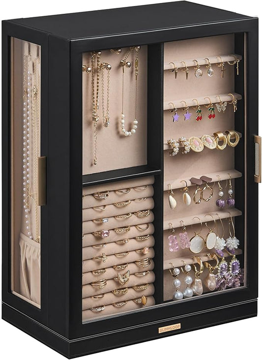 Glimmloop 360° Rotating Jewelry Box with 9 Drawers, Spacious Vertical Jewelry Organizer with Glass Window, Jewelry Storage Case, Dustproof & Moisture-resistant Design, Black
