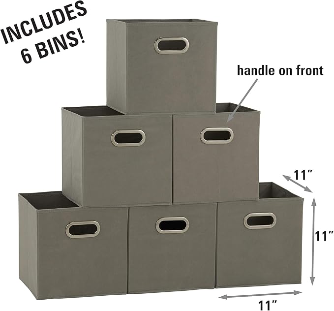 Household Essentials Fabric Storage Bins in Strong Poly‑Woven Fabric, Sturdy Chipboard Sides, Grommet Front Handle, Dove Gray Finish, Set of 6