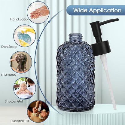 Topsky Gem Glass Soap Dispenser with Black Plastic Pump, 13oz Liquid Hand Soap Dispenser, Rustproof Pump for Kitchen & Bathroom, Great for Lotions, Essential Oil, Liquid Soaps-Grayish Blue