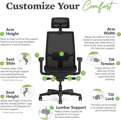 HON Ignition 2.0 Ergonomic Office Chair with Headrest, Adjustable Tilt, Swivel Wheels, Comfy for Long Hours, Home Office Desk Chairs, Black