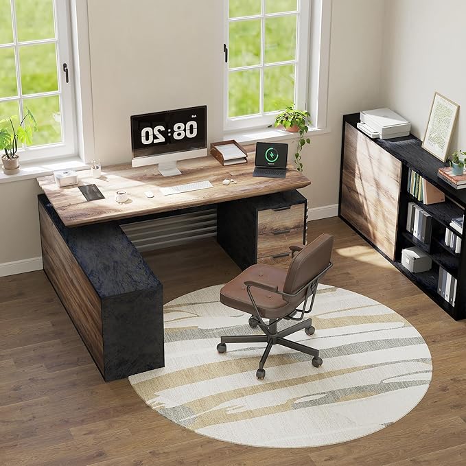 70.87" L Shaped Standing Executive Desk and 63" lateral File Cabinet, Large Adjustable Heigh Office Computer Desk with 3 Drawers,2.3" Desktop,Business Workstation,Black and Warm Oak
