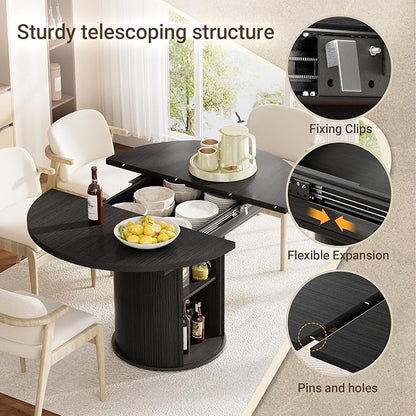40-55in Black Round Dining Table for 4–6, Modern Expandable Dining Table, Oval Dinner Table with Removable Leaves Space Saving, Kitchen Table for Dining Room,Apartments or Meeting Rooms