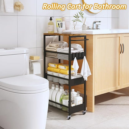 Vincona 9.1" Wide Slim Rolling Utility Cart, 4 Tier Metal Narrow Storage Cart with Handle and Wood Top, Multifunctional Small Mobile Shelf Unit Organizer Trolley for Laundry, Bathroom, Kitchen