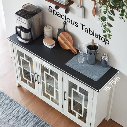 Large Sideboard Buffet Cabinet with Storage, 55" Farmhouse White Kitchen Coffee Wine Bar Cabinet with 3 Glass Doors, Wood Mid Century Modern Side Board Table for Dining Room, Living Room