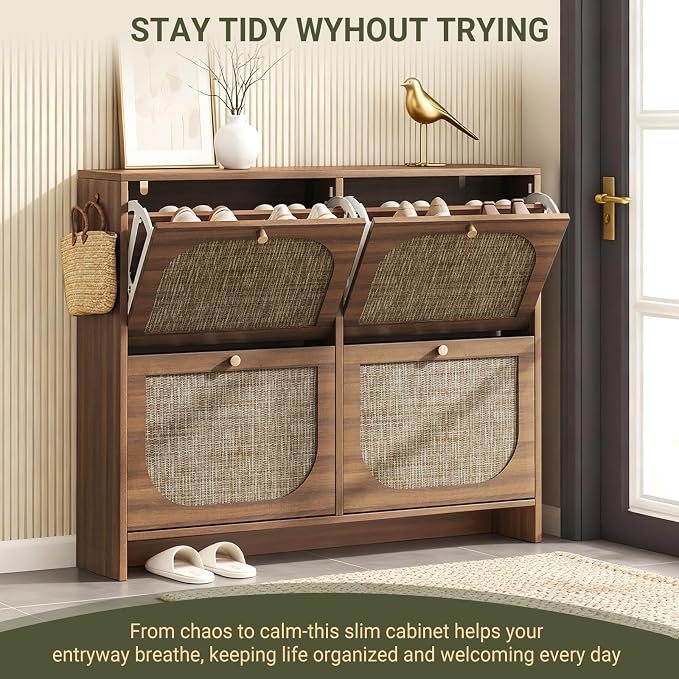 Nicetree Freestanding Ultra Slim Fluted Accent Shoe Storage Cabinet for Entryway - 4 Flip Drawers & 3-Tier Adjustable Shelves, Farmhouse Modern Rustic Shoe Rack for Hallway, Foyer, Living Room