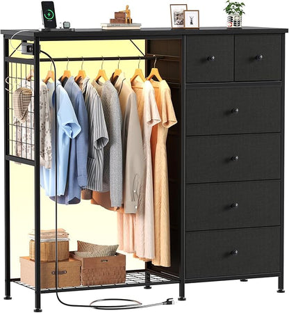 OLIXIS 6 Storage for Bedroom with Hanging Rack with LED Lights & Charging Station, Fabric Chest of Storage with Rack, Wooden Top, for Home Living Room Entryway Black