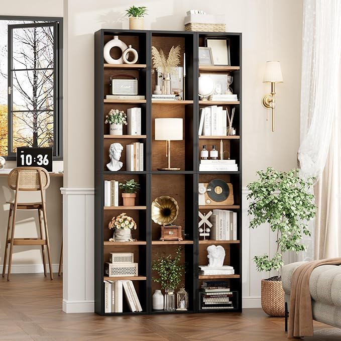 FOTOSOK 8-Tier Media Tower Rack, 11.6 X 9.3 X 71 Inches CD DVD Slim Storage Cabinet with Adjustable Shelves, Tall Narrow Bookcase Display Bookshelf for Home Office, Black/Brown