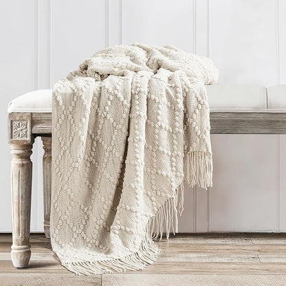 BOURINA Beige Throw Blanket 50 x70 Inches Jacquard Argyle Throw Textured Solid Soft Throws and Blankets for Sofa or Bed Knitted Decorative Blanket