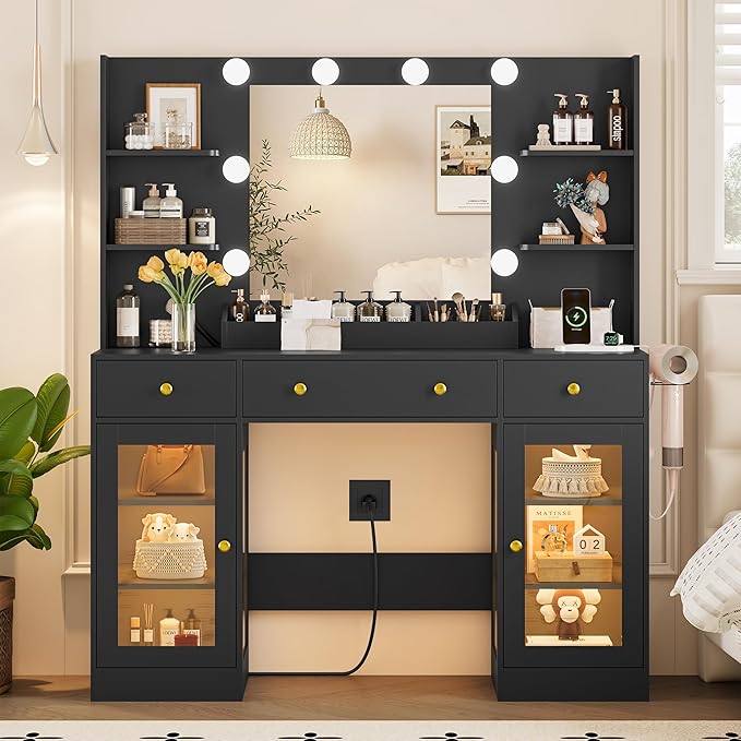 Vanity Desk With Mirror and Lights, Makeup Vanity Set with 3 Storage Drawers & Adjustable Shelves, Dressing Table with RGB Cabinets & Charging Station, 3 Lighting Modes for Women Kids Bedroom, Black