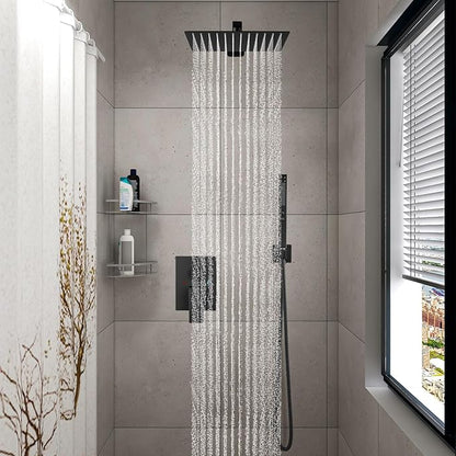 Shower Faucet Set Rainfall Shower System with Square Showerhead and Handle Set Fixture with 2 in 1 Function Handheld Sprayer Wall Mounted Trim Repair Kit Rough-in Valve 12 Inch Matte Black
