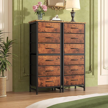 Sweetcrispy Tall Fabric Dresser for Bedroom, 6 Drawer Skinny Chest of Drawers, Narrow Storage Tower with Wood Top and Metal Frame, Vertical Nightstand for Closet, Bedroom Organization Furniture, Brown