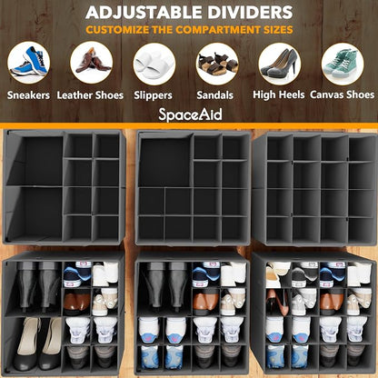 SpaceAid Shoe Organizer for Closet, 2 Pack Foldable Shoe Storage Containers Baskets Boxes Bins w/Adjustable Dividers, Fits 16-32 Pairs, Grey