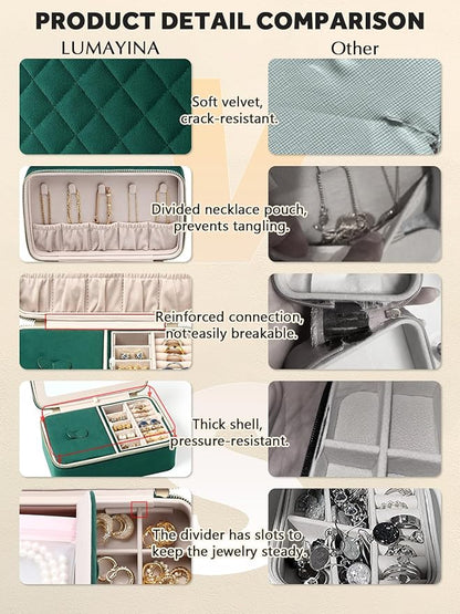 Velvet Travel Jewelry Box with Large Mirror, Double-Layer Jewelry Organizer Case for Women and Girls, Portable Storage Case with 6 Anti-Tarnish Bags Gift Ready for Her (Emerald Green)