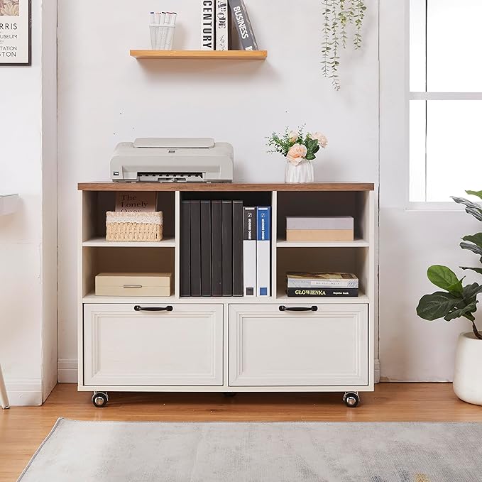 40" Farmhouse File Cabinet,Lateral File Cabinet with Wheels,Wood File Cabinet with shelve,Filing Cabinet with 2 Drawers for Legal/Letter/ A4 Size (White)