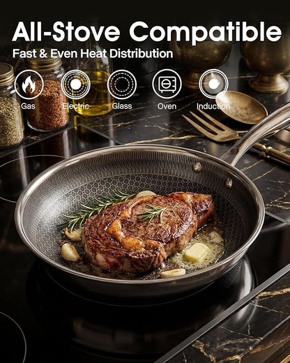 Nonstick Frying Pans with Lid,10-Inch Stainless Steel Skillet with Honeycomb Surface,Dishwasher-Friendly,Oven-Safe,Induction Compatible,PFAS-Free,Non-Toxic,Compatible with All Cooktops.