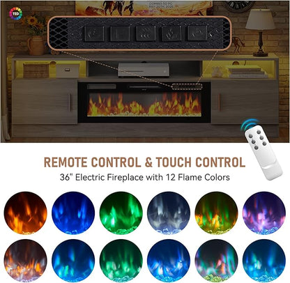 MXV 70" Fireplace TV Stand with Power Outlet for TVs UP to 80", Electric Fireplace Entertainment Center with LED Lights & Storage Cabinets, TV Console for Living Room, Office, Grey-Black