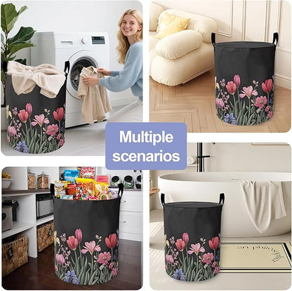 Spring Flowers Laundry Hamper Large Canvas Fabric Lightweight Storage Basket/Dirty Clothes Collapsible Waterproof for College Dorms, Boys and Girls Bedroom,Bathroom