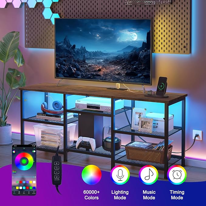 YGEOMER TV Stand for Living Room TVs Up to 50 Inches, Entertainment Center with Power Outlet and LED Lights Open Storage Shelves, TV Console for Bedroom, Rustic Brown