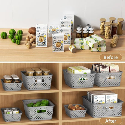 MaxGear 3 Pack Plastic Storage Baskets, Small, Grey | Durable Woven Plastic with Built-In Handles, Suitable for Shelves, Closets, Cabinets, Bathrooms and Offices