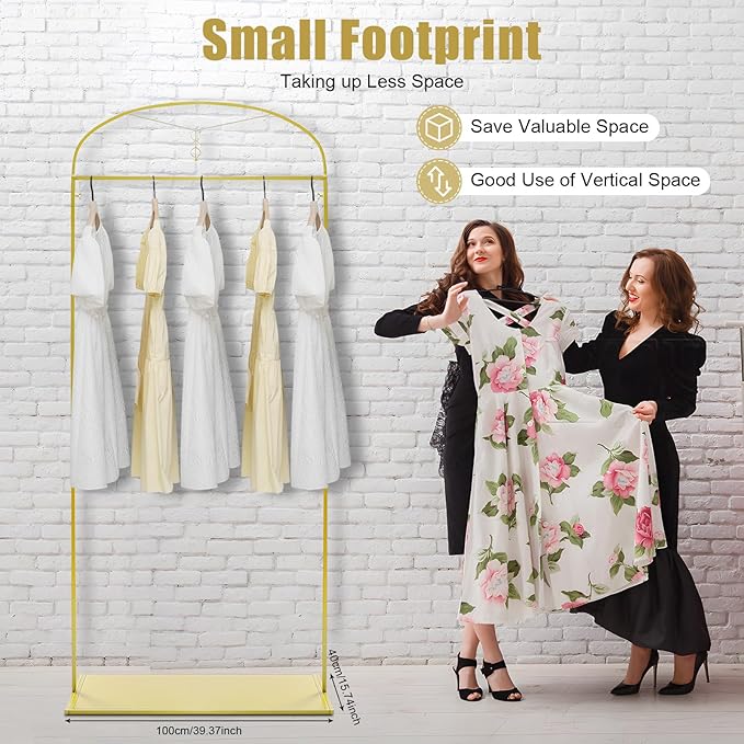 91" Gold Garment Rack Metal Freestanding Garment Rack Wedding Dress Display StandStore Hanging Clothes Rack Clothing Display Rack for Hanging Long Dresses