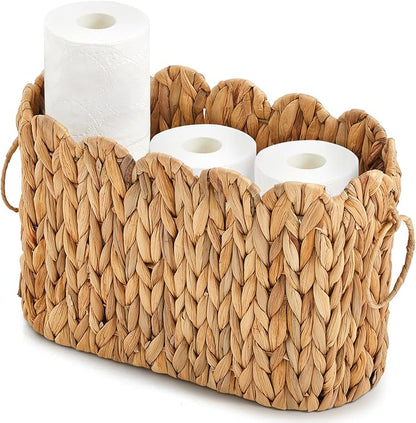Wicker Toilet Paper Storage Basket Large Scallop Edge Water Hyacinth Narrow Wicker Baskets for Toilet Paper up to 9 Mega Rolls for Bathroom Accessories Organizer Storage