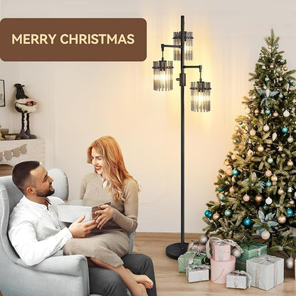 Industrial Modern Floor Lamps for Living Room, Dimmable Glass Tree Standing Tall Lamps with 3 Elegant Teardrop Cage Head & 1200 Lumens LED Bulbs for Bedroom Office (66inch Tall)