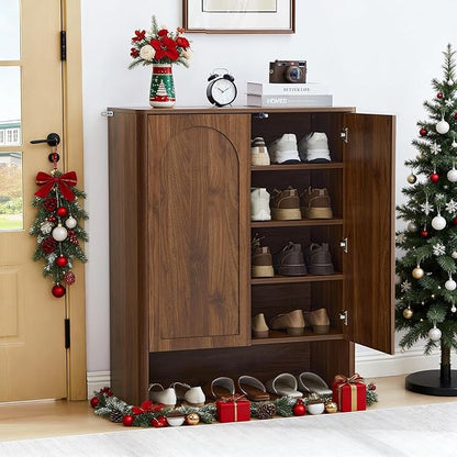 Shoe Cabinet, 5 Tier Wooden Shoe Storage Organizer Cabinet with Adjustable Shelves, Shoes Rack Accent Cabinet for Entryway Hallway Living Room, Walnut