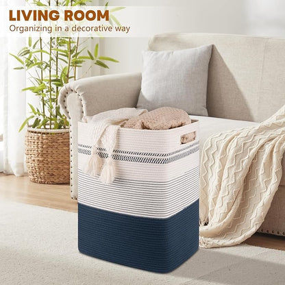 SIXDOVE Laundry Hamper, Large Woven Rope Tall Laundry Basket with Handles, 22" X 17" X 13", Decorative Storage Basket for Clothes and Blankets in Living room, Bedroom, Dark Blue& White