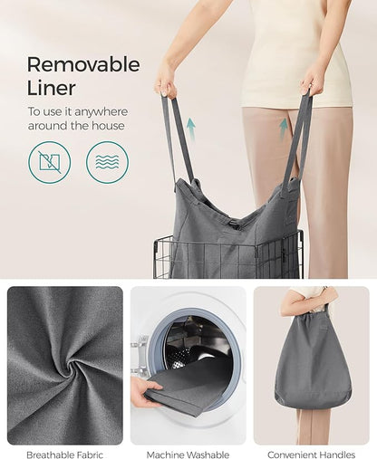 SONGMICS Laundry Hamper, 11 Gal. (50L) Laundry Basket, Collapsible Clothes Hamper, Removable and Washable Liner, Metal Wire Frame, for Bedroom Bathroom, Black and Gray ULCB150G01