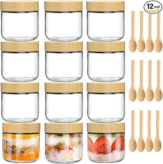 TBWIND 12 Pack 10oz Glass Jars with Bamboo Lids, Spoons, Airtight Overnight Oats Containers, Salad & Yogurt Storage, Mason Jars for Snacks, Spices, Meal Prep – Reusable