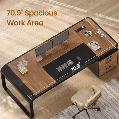 Itaar 70.9" Executive Desk, Large Computer Desk with Drawers and Lateral File Cabinet, Office Desk with Removable Shelves, Business Furniture Desk Workstation for Home Office, Brown