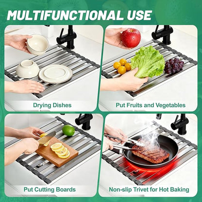 19" X 13" Roll Up Dish Drying Rack，Over The Sink Drying Rack 304 Stainless Steel Foldable Heat-Resistant Dishes Drainer for Kitchen and RV Sink Counter
