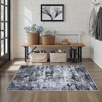 Washable Area Rug 3x5 Entryway Rug: Washable Modern Abstract Soft Thin Rug Indoor Floor No Slip Stain Resistant Carpet for Bedroom Dining Room Farmhouse Nursery Home Office - Black