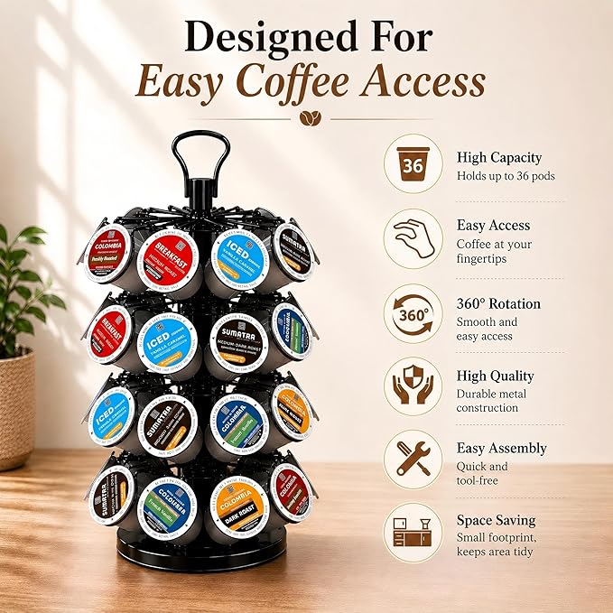 K Cup Holder-Coffee Pod Holder Organizer for 36 K-Cup Pods, 4-Tier Coffee Pod Carousel Compatible with K-Cups, 360° Rotating with Stable Base, Space-Saving for Kitchen Countertop & Office, Black